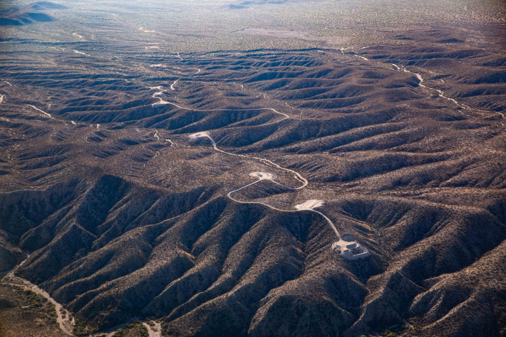 An aerial picture of new access roads and tower pad sites west of the San Pedro River, near Redrock Canyon, Arizona. Alex Binford-Walsh/Archaeology Southwest, with the support of Lighthawk