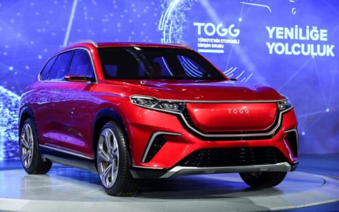 Togg electric car from Turkey, red at car show