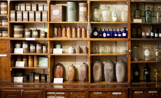 future of medicine, old fashioned pharmacy shelf