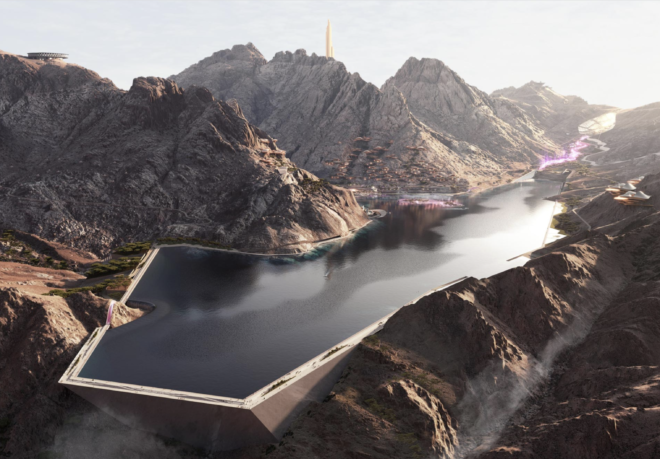 Trojena, neom, artificial lake, saudi arabia