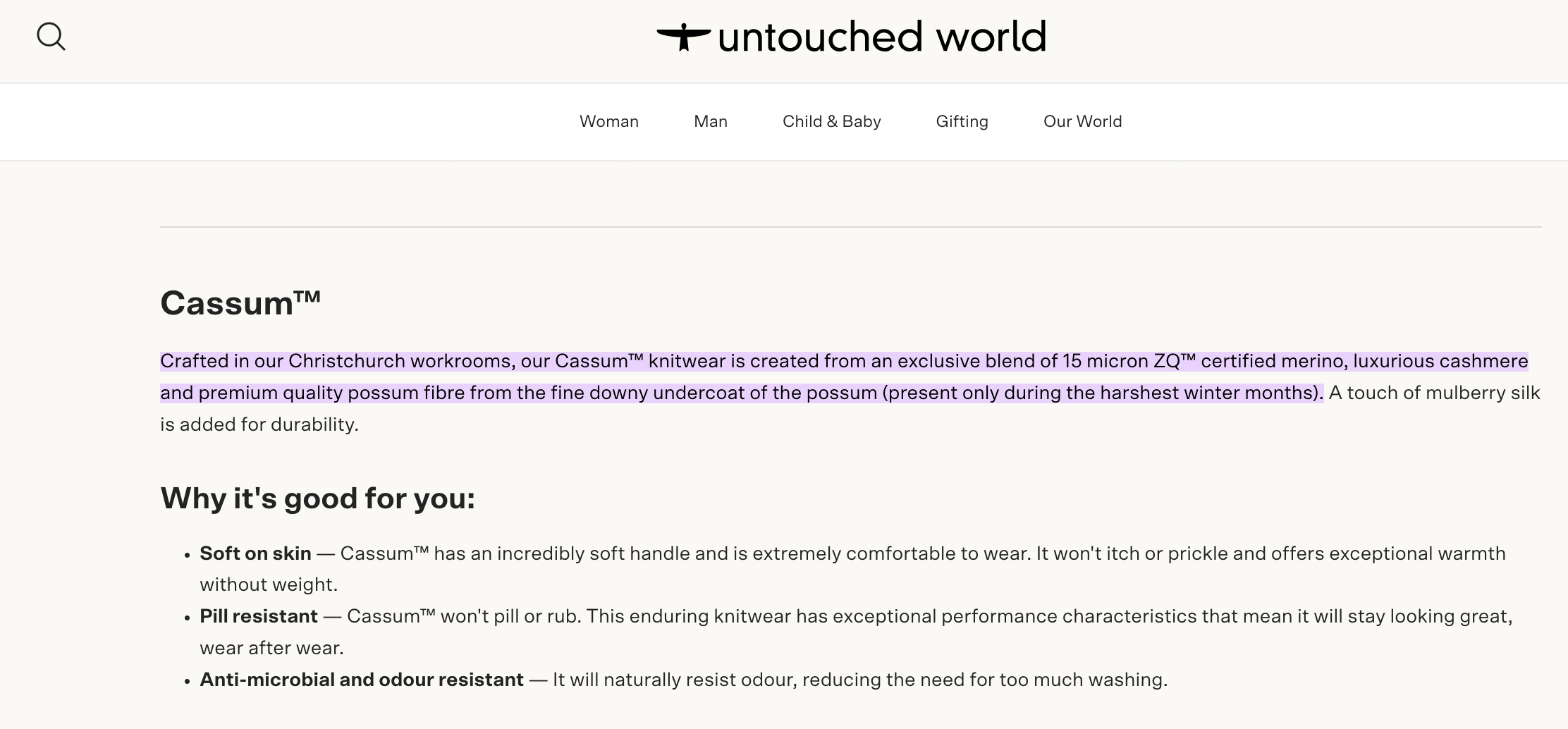 Untouched World touts using ZQ-certified cashmere from possums (Screengrab April 1)