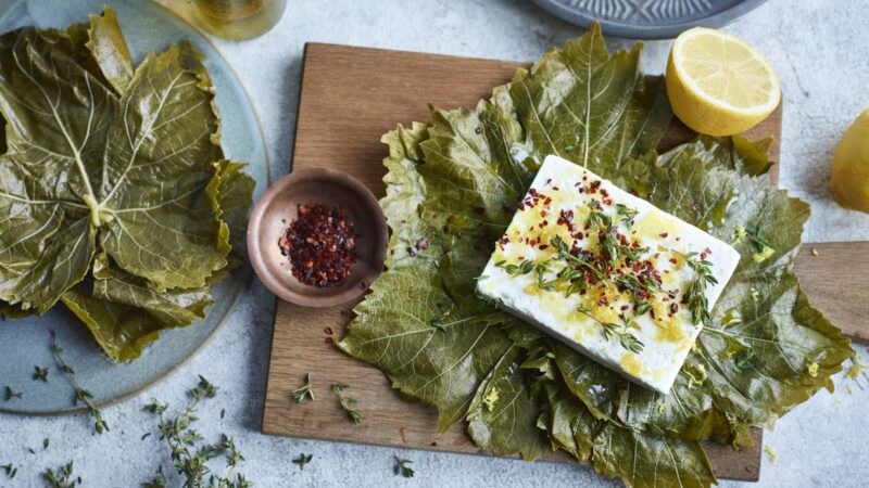 Feta and Brie Cooked in Grapevine Leaves