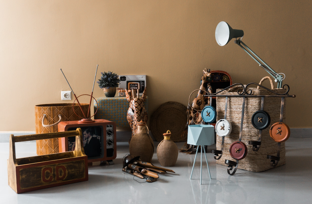 vintage furniture lined up, old tv, old tables